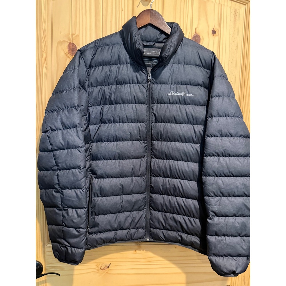 Eddie Bauer EB650 Down Puffer Jacket Mens Large Black Full Zip Quilted Coat
